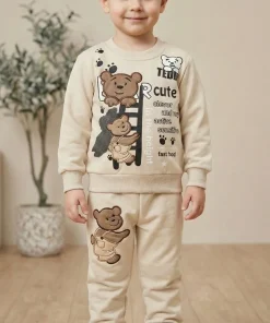 تنخور ست بلوز شلوار پسرانه طرح تدی رنگ کرم اسپرت