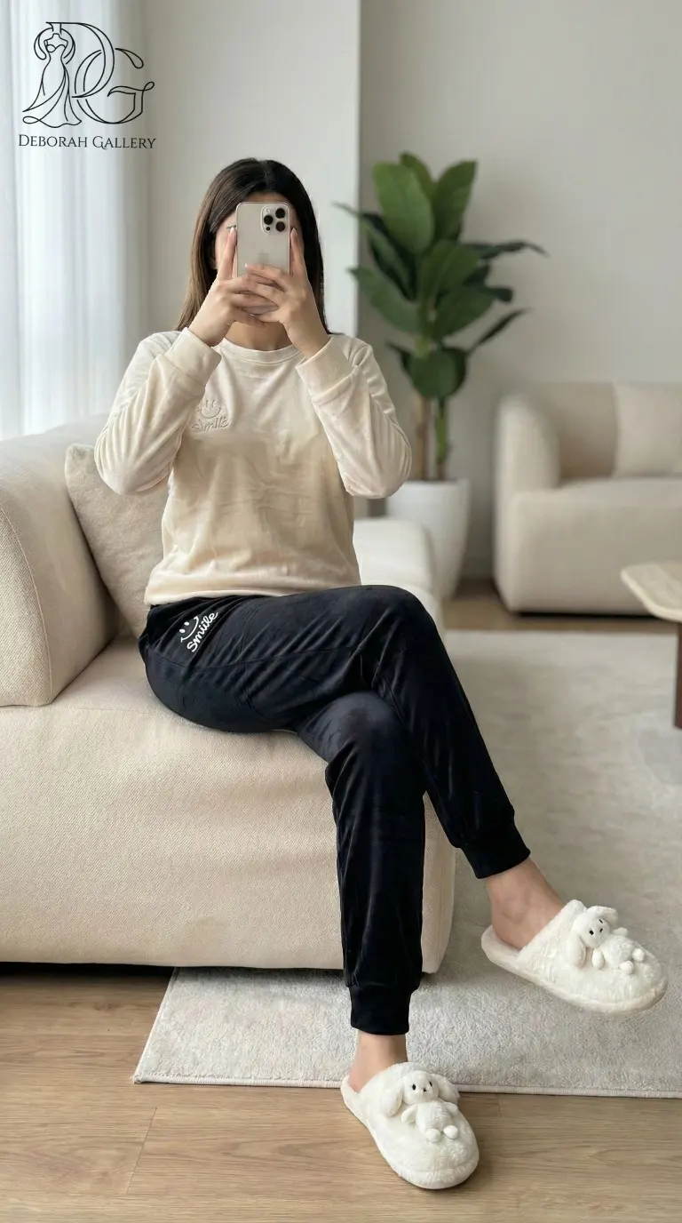 عکس شلوار راحتی مخمل ساده زنانه رنگ مشکی مناسب ست کردن